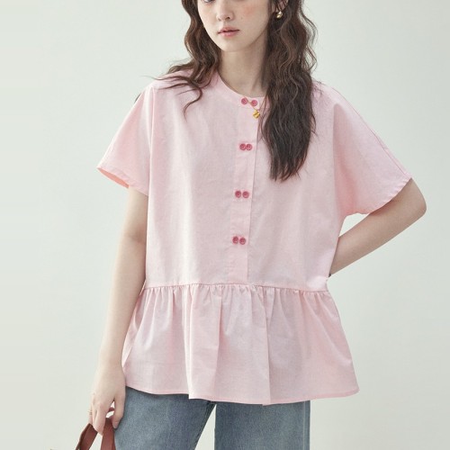 シャツ  ピンク  コットン  半袖  ゆったり  ダブルブレスト  夏服  コットン100%  M  若く見え  レディース  トップス