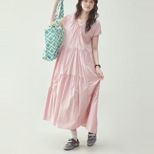 ピンク  ワンピース  ギャザー  半袖  ゆったり  ロング  夏服  袖丈  M  新作  おしゃれ / ファッション  レディース  カジュアルドレス