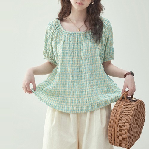シャツ  パフスリーブ  すがすがしい  スクエアネック  夏服  M  新作  レディース  トップス