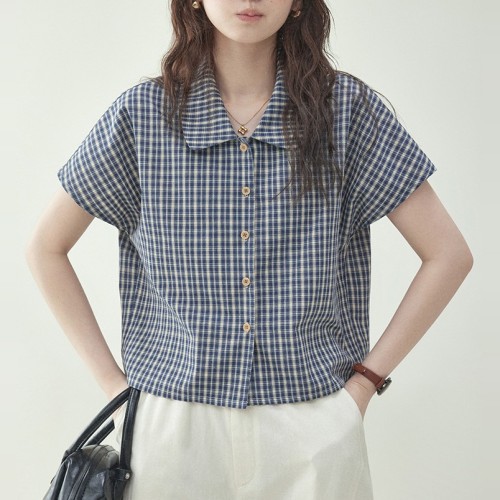 シャツ  シングルブレスト  コットン  ミニ丈  折り襟  夏服  コットン100%  M  若く見え  新作  レディース  トップス