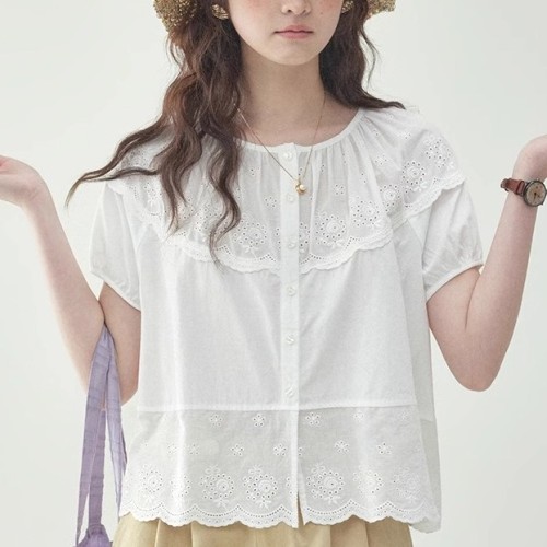 シャツ  シングルブレスト  透かし彫り  ホワイト  ミニ丈  夏服  M  新作  フレンチスタイル  レディース  トップス