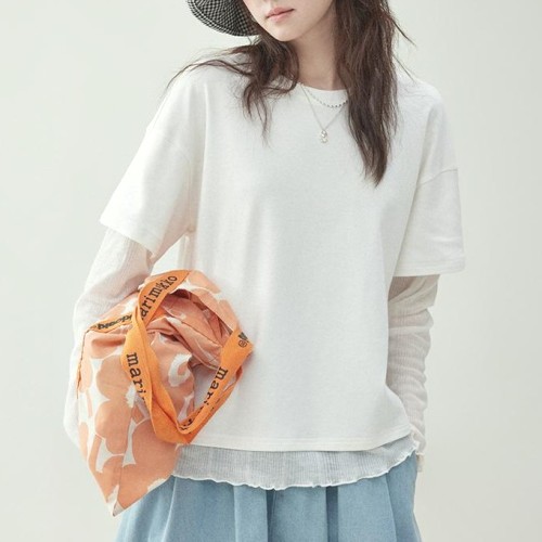 ホワイト  どんなスタイルにも合う  クルーネック  夏服  M  日焼け止め  フェイクレイヤード  新作  レディース  トップス