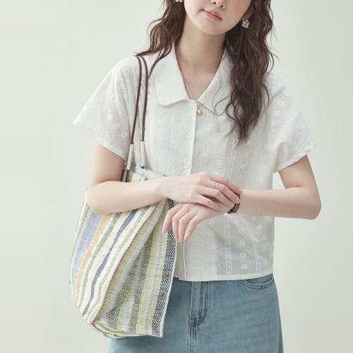 シャツ  透かし彫り  ホワイト  コットン  半袖  夏服  コットン100%  M  新作  フレンチスタイル  レディース  トップス