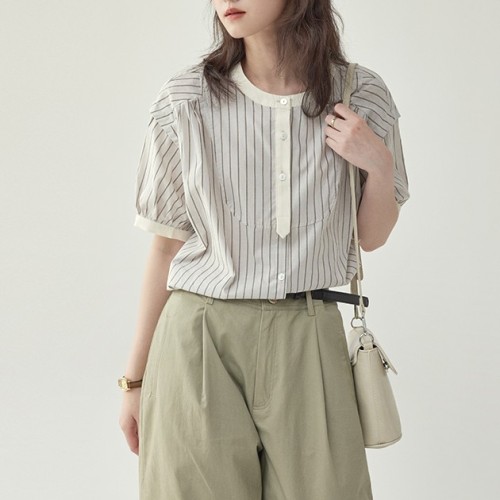 シャツ  シンプル  ストライプ柄  半袖  クルーネック  夏服  文芸  M  黒と白のストリップ  レトロ  フレンチスタイル  トップス