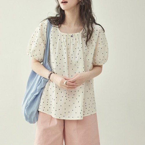 ドット  シャツ  パフスリーブ  半袖  ゆったり  スクエアネック  夏服  M  新作  フレンチスタイル  レディース  トップス