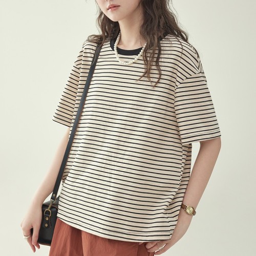 ストライプ柄  コットン  半袖  ゆったり  クルーネック  夏服  コットン100%  M  新作  レディース  トップス