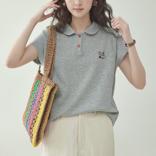 スウィート  プルオーバー  夏服  ラウンドカラー  M  新作  刺繍  かわいい  レディース  トップス