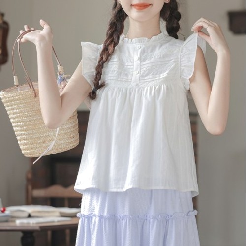 シャツ  ミニ丈  夏服  デザイン  フライングスリーブ  新作  デザイン性  ニッチ  レディース  トップス