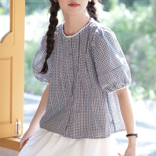 シャツ  チェック柄  パフスリーブ  スタイル  すがすがしい  半袖  夏服  若く見え  新作  韓国風  レディース  トップス