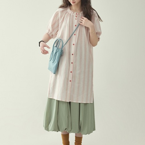 ワンピース  パフスリーブ  ストライプ柄  半袖  ロング  膝下丈  夏服  文芸  普通  M  新作  レディース  日焼け止め