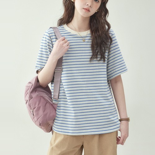 ストライプ柄  コットン  半袖  ゆったり  クルーネック  夏服  コットン100%  M  新作  日本風  レディース  トップス