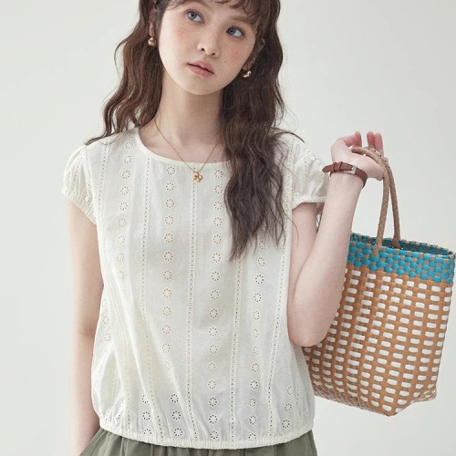 シャツ  透かし彫り  パフスリーブ  コットン  ゆったり  クルーネック  夏服  コットン100%  M  新作  フレンチスタイル  レディース  トップス