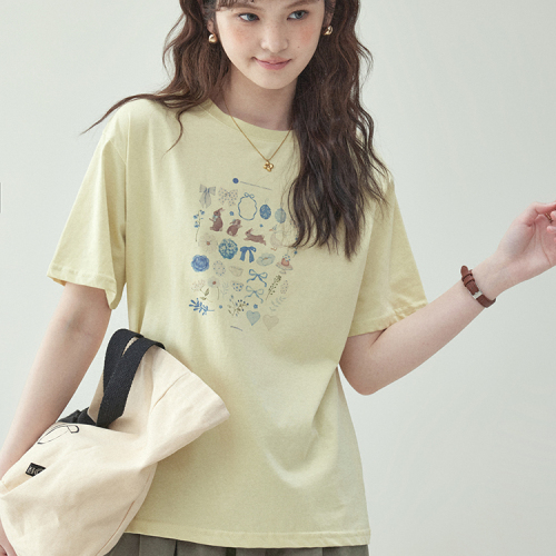 プリント  コットン  半袖  クルーネック  夏服  コットン100%  M  若く見え  新作  かわいい  レディース  トップス