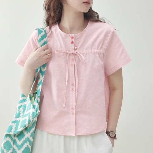シャツ  シングルブレスト  ピンク  半袖  クルーネック  夏服  M  若く見え  レーシング  新作  レディース  トップス