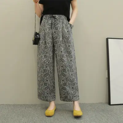 テーパードパンツ  花柄  ベージュ  コットン  ゆったり  ハイウエスト  夏服  綿麻  ジャカード  新作  レトロ  レディース