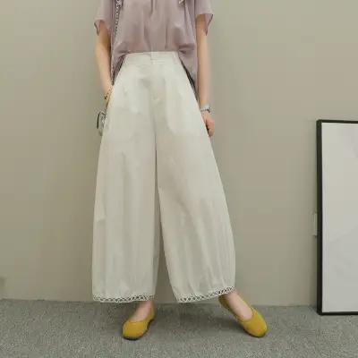 テーパードパンツ  ワイドパンツ  レース  切り替え  シルク  ゆったり  ハイウエスト  夏服  ストレート  レディース