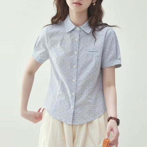 シャツ  シングルブレスト  ブルー  コットン  夏服  コットン100%  M  新作  韓国風  レディース  トップス