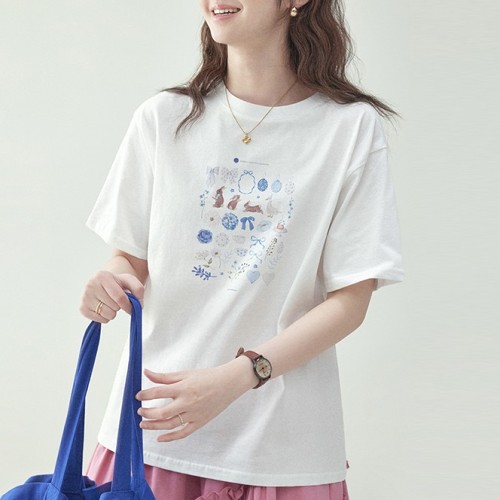 プリント  コットン  半袖  ゆったり  クルーネック  夏服  コットン100%  M  新作  おしゃれ / ファッション  レディース  トップス