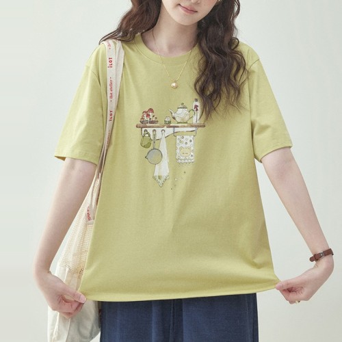 プリント  コットン  ゆったり  クルーネック  夏服  コットン100%  M  若く見え  新作  レディース  トップス
