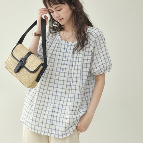 シャツ  チェック柄  パフスリーブ  カジュアル  半袖  ゆったり  夏服  M  日本風  レディース  トップス