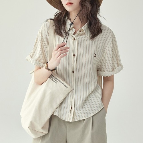 シャツ  ストライプ柄  カジュアル  どんなスタイルにも合う  ゆったり  折り襟  夏服  M  刺繍  フレンチスタイル  レディース  トップス