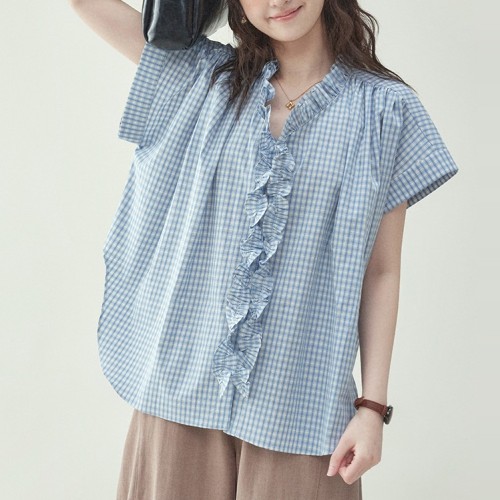 シャツ  コットン  半袖  フリル  夏服  デザイン  コットン100%  M  新作  デザイン性  レディース  トップス