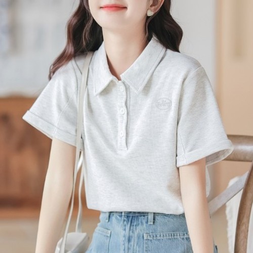 Tシャツ  シンプル  すがすがしい  半袖  折り襟  夏服  気質  新作  刺繍  日本風  レディース  トップス