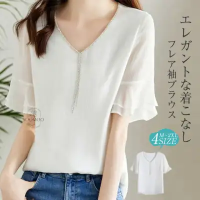 フレア袖ブラウス Tシャツ Vネック 涼しい 可愛い ゆったり レディース 体型カバー 着痩せ 母の日 夏