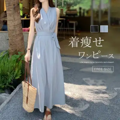 ロングワンピース レディース Vネック ノースリーブ ウエストリボン Aライン Vネック ガーリー ゆったり 体型カバー 着痩せ マキシ丈 ロング丈 無地 ギャザー