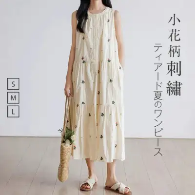ワンピース 夏 レディース  ティアード ワンピース ノースリーブ ワンピース ロング丈 刺繡 ノースリーブ ワンピース 大きいサイズ ロング丈 ワンピース 無袖 ゆったり 体型カバー