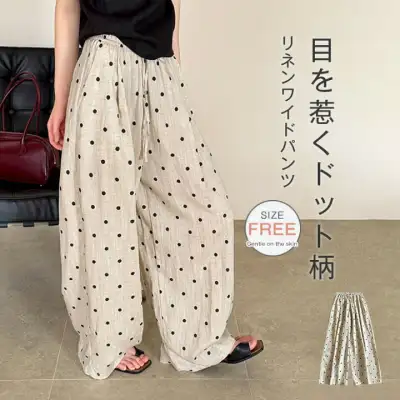 ワイドパンツ レディース フレアパンツ ワイドパンツ リネン混 ドット柄 ワイドパンツ スカーチョ ガウチョパンツ 綿麻混 体型カバー ロングパンツ ドット柄 カジュアル ふんわり