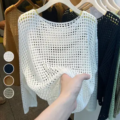 新品殺到 ラウンドネック 無地 長袖 透かし編み ニットセーター Ｔシャツ ブラック 黑 ホワイト 白 fashion ootd カジュアルコーデ ファッション コーディネート 今日のコーデ coordinate トレンドコーデ 着回しコー