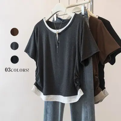 「今 着たい」 ボタン 半袖 切り替え 配色 ギャザー シンプル Tシャツ ブラック 黑 fashion ootd カジュアルコーデ ファッション コーディネート 今日のコーデ coordinate トレンドコーデ 着回しコーデ 大人コーデ