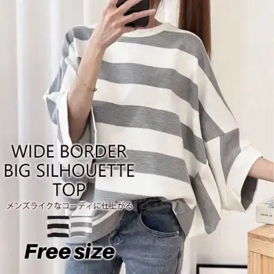大人のお洒落をキャッチ! ラウンドネック ドルマンスリーブ 五分袖 配色 ボーダー シンプル Tシャツ 黒 グレー fashion ootd カジュアルコーデ ファッション コーディネート 今日のコーデ coordinate トレンドコーデ