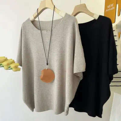 好印象MAX  ニット ドルマンスリーブ 無地 半袖 シンプル Tシャツ ブラック 黑 fashion ootd カジュアルコーデ ファッション コーディネート 今日のコーデ coordinate トレンドコーデ 着回しコーデ 大人コーデ 