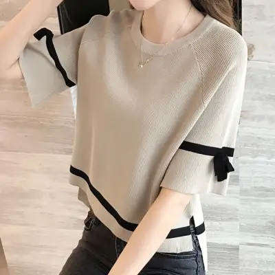 女っぽさが漂う カジュアル 配色 ボウタイ フリル袖 切り替え ラウンドネック リボン Tシャツ