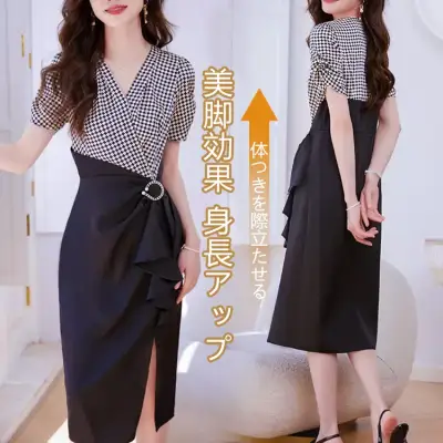 今季人気 プリント スリム 配色 切り替え 半袖 エレガント ワンピース