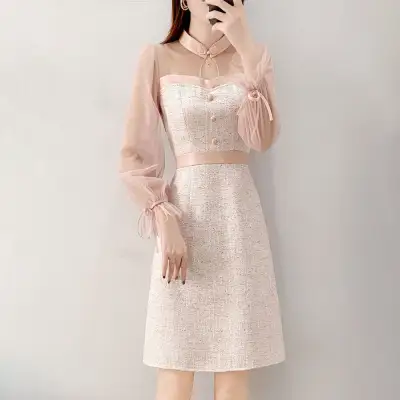 新品 キレイ見え スウィート 配色 スタイルアップ レース 切り替え Aライン フレア袖 カジュアルワンピース