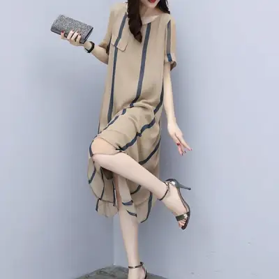デザイン性抜群!プルオーバー ストライプ柄 ロング ストレートスカート 韓国系 ゆったり フリント 合わせやすい 半袖 カジュアル ワンピース