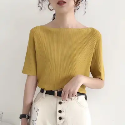 人気沸騰！6colour韓国系カジュアルシンプルボートネックニットTシャツ