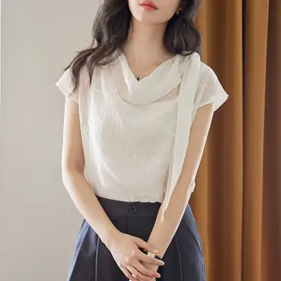 シャツ  シルク  プリント  ホワイト  プルオーバー  夏服  気質  レトロ  レディース  トップス