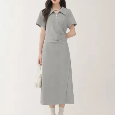 グレー  ワンピース  半袖  ロング  夏服  気質  新作  2024  フレンチスタイル  レディース  カジュアルドレス