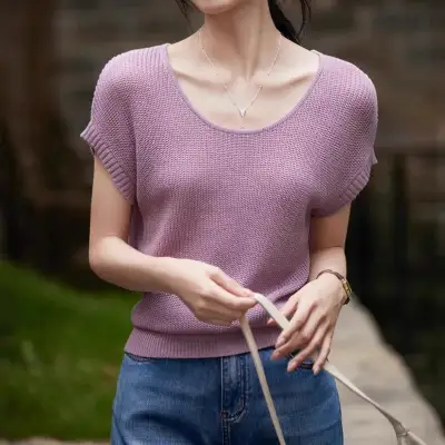 シンプル  透かし彫り  シルク  ベージュ  ニット  ニットトップス  夏服  通気性良い  リネン  トップス