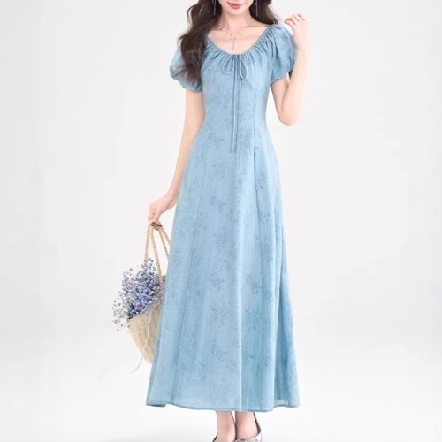 ワンピース  パフスリーブ  花柄  ロング  夏服  気質  リゾートスタイル  高級  新作  フレンチスタイル  高級感  カジュアルドレス