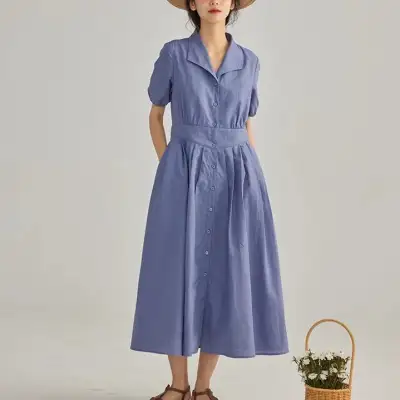 ワンピース  ベージュ  コットン  半袖  ロング  綿麻  S  レディース  カジュアルドレス
