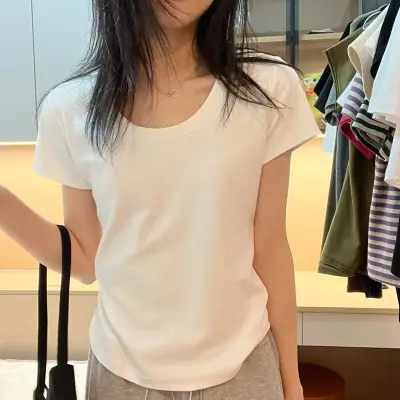 ホワイト  コットン  半袖  夏服  スリムフィット」  Uネック  インナー  新作  レディース  トップス