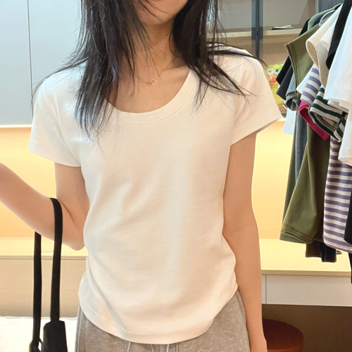 ホワイト  コットン  半袖  夏服  スリムフィット」  Uネック  インナー  新作  レディース  トップス