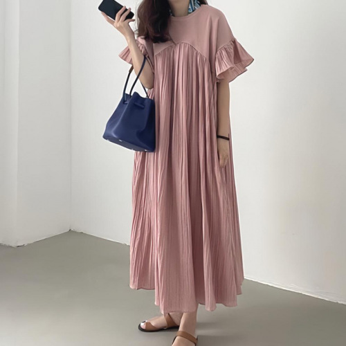 切り替え  ギャザー  ゆったり  ロング  着丈  レイジー風  フライングスリーブ  新作  インスタ流行  レディース  カジュアルドレス