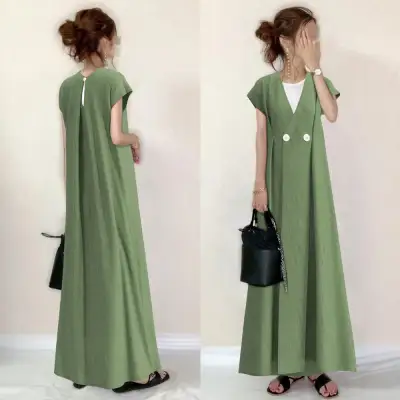Vネック上品ハイウエストAラインワンピース