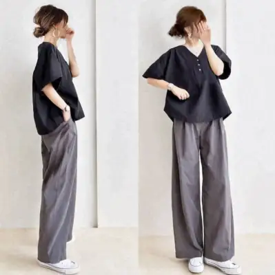 【2点セット】「新作Vネックゆったりトップス＋ゴムウエストワイドパンツの2点セット」